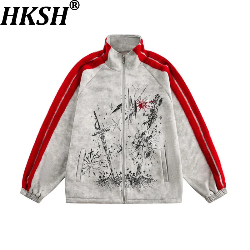

HKSH Autumn New Women Streetwear Stylish Color Block Stand Collar Tide Jackets Fashion Tie-dye Ink Casual Chic Sweatshirt HK8438