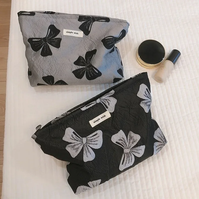 Canvas Makeup Bag Bow Large Cosmetic Pouch Necesserie Make Up Organizer Canvas Beauty Case Storage Women Travel Toiletry Bag