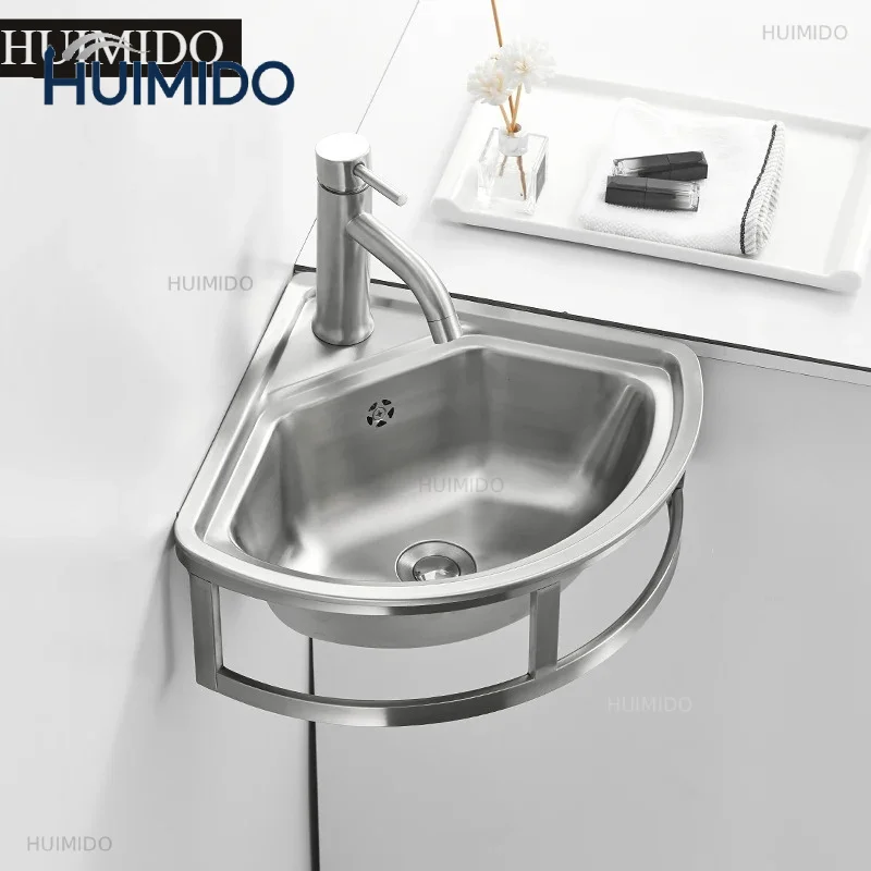 Wall Mounted Stainless Steel 304 Bathroom Wash Basin Kitchen Sink with Triangle Bracket for Corner