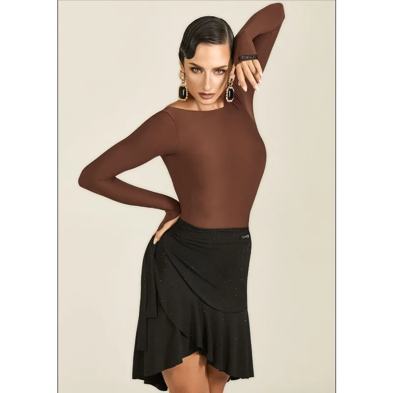 فستان ممارسة لاتيني حديث مخصص من TDANCE [ياقة سفينة وأكمام طويلة] مع وسادة صدر أساسية متعددة الاستخدامات للنساء GL-219