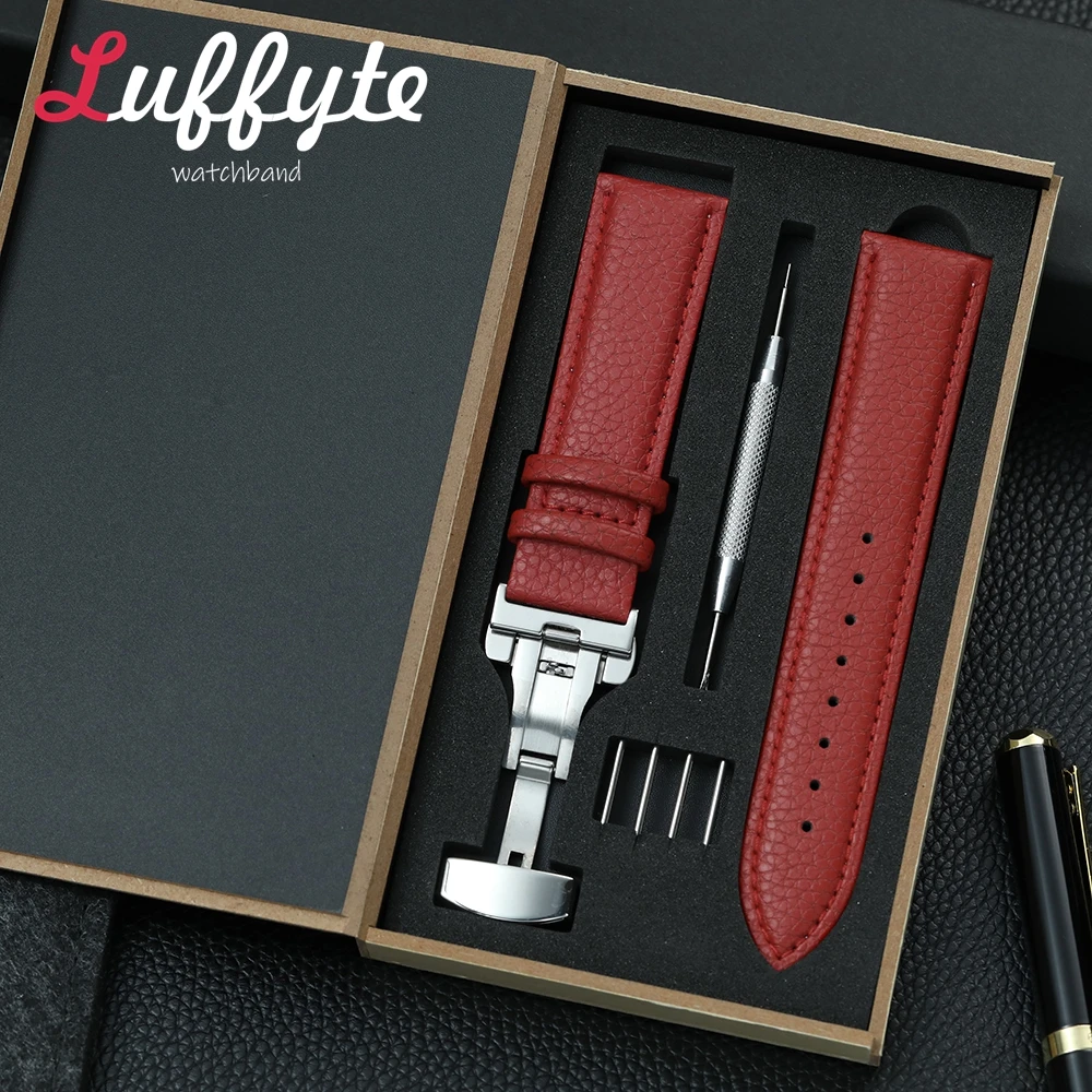 Litchi Pattern Design Leather Wrist Straps 18mm 20mm 22mm Replacement Watchband With Butterfly Buckle Gift Box Packaging