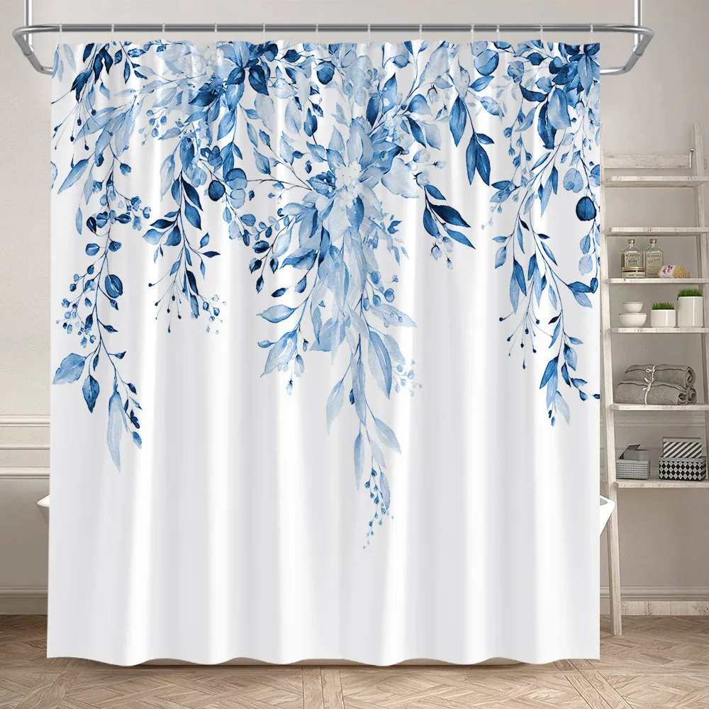 Sage Green Shower Curtain Plant Botanical Eucalyptus Leaf Watercolor Greenery Leaves Floral Bath Curtain with Hooks for Bathroom