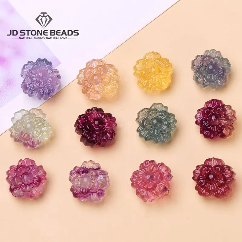 

10Pcs/lot Natural Fluorite Double Flower Carved Bead Charm Pendant With Hole For Jewelry Making Diy Necklace Bracelet Accessory