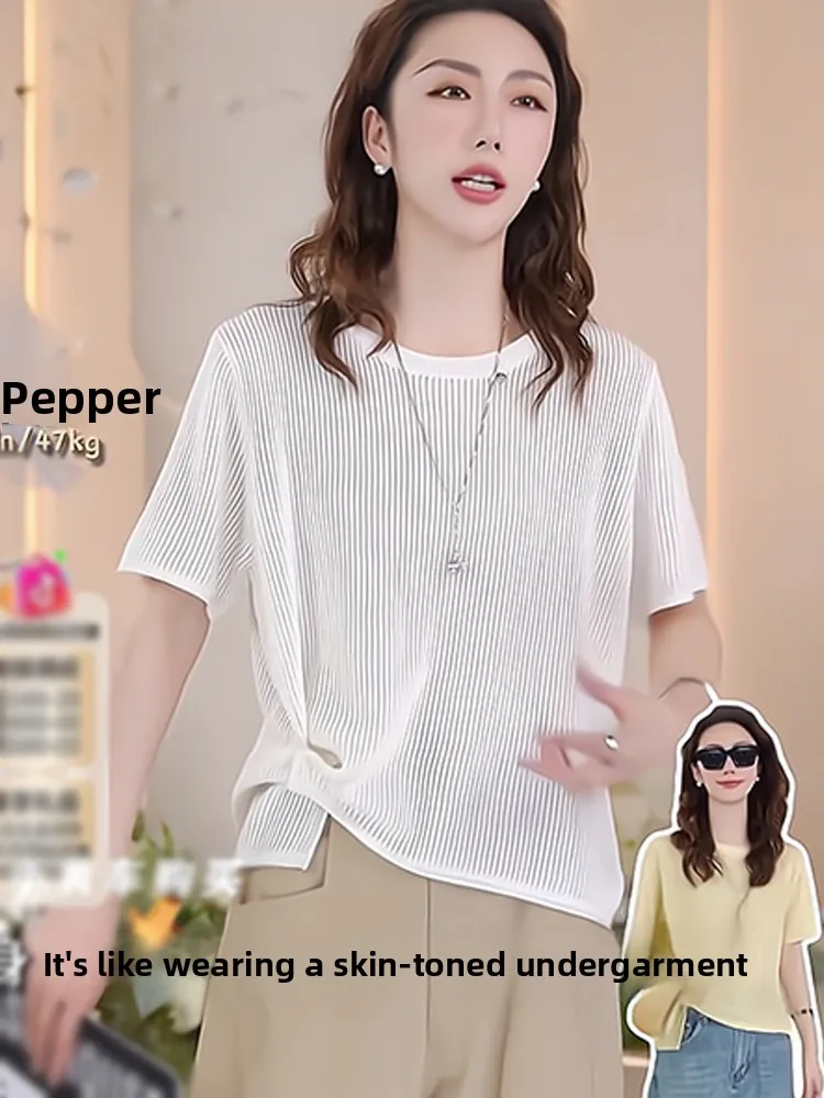 캐주얼 시크 통기성 순색 아이스 실크 니트 탑 반팔 오버헤드 디자인 한국 스타일 레귤러 핏 여름 필수품
