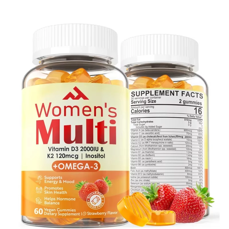 

Women's Sugar Free Compound Vitamin Gummies, Containing Vitamin D3+K2, Omega 3, Alage Calcium,used for Energy,bones,and Immunity