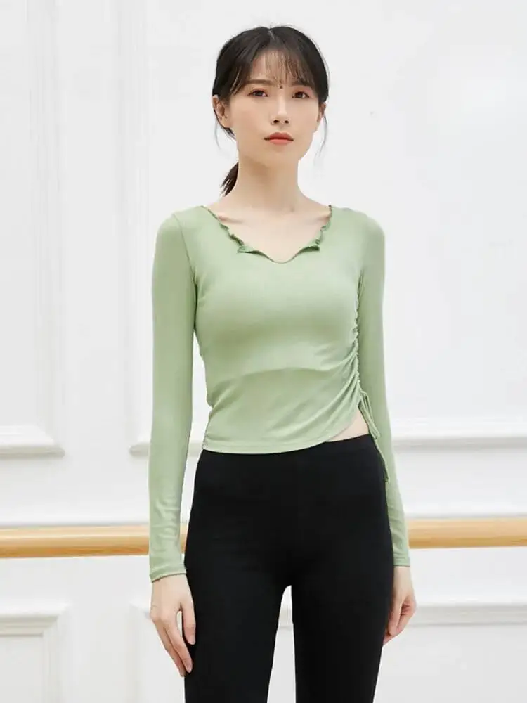 Damen-Top für modernen Tanz, schmal geschnitten, mit verstellbarem Kordelzug, schlichtes Langarmshirt für das zeitgenössische Jazz-Bühnenübungen