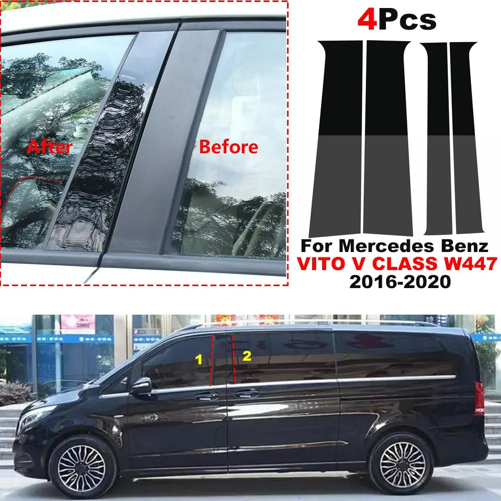 4Pcs Glossy Black Car Pillar Posts Door Window Trim Cover For Mercedes Benz VITO V CLASS W447 2016-2020 BC Column Sticker