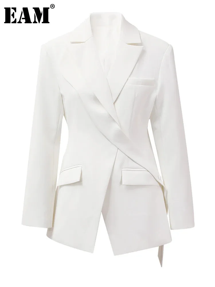 

[EAM] Women White Irregular Ruffles Spliced Elegant Blazer New Lapel Long Sleeve Jacket Fashion Tide Spring Autumn 2024 CPDB139