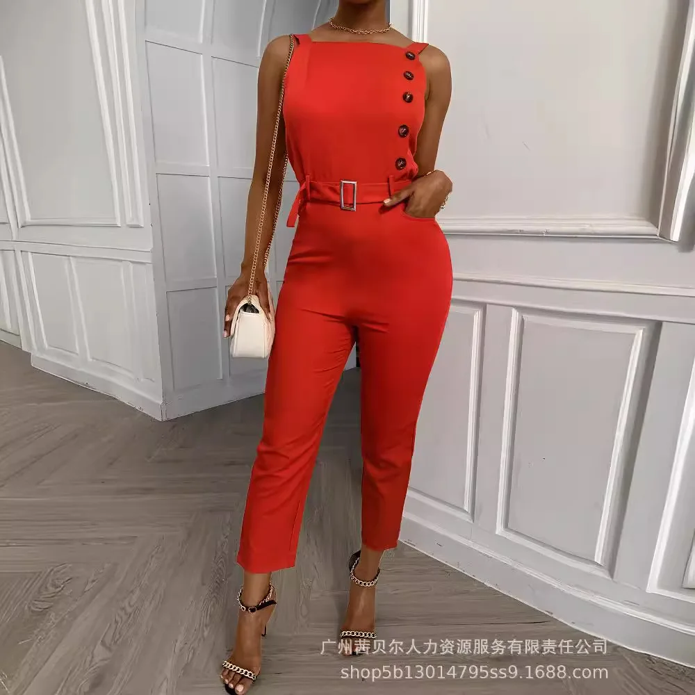 Fashion Casual Sleeveless High Waist Solid Jumpsuit for Women