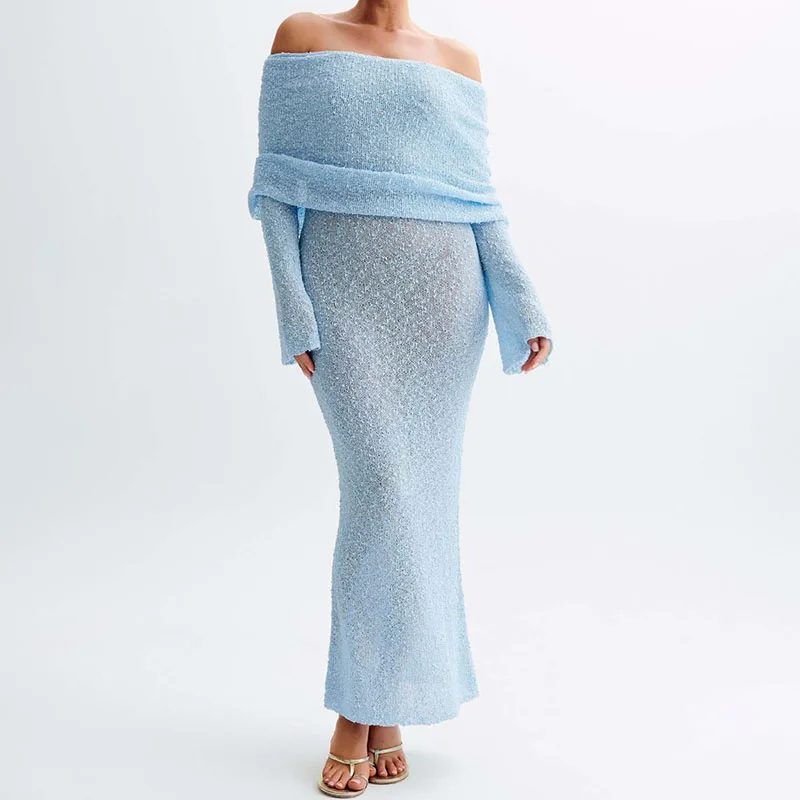 Elegant Knitted Off Shoulder Long Dresses Blue Bodycon Hollow Out Crochet Sexy See Through Wedding Guest Dresses Beach Outfits