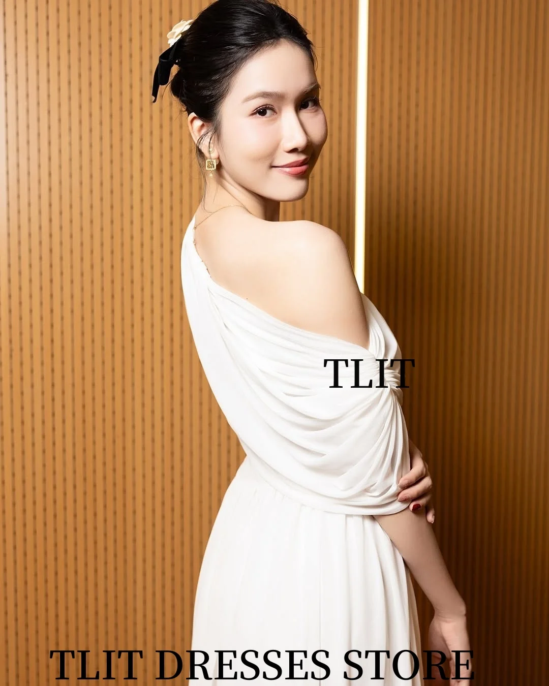 TLIT elegancka suknia wieczorowa z szyfonu w kolorze kości słoniowej Korea suknia ślubna sesja zdjęciowa jedno ramię suknie na bal maturalny dostosowane suknie do kostek