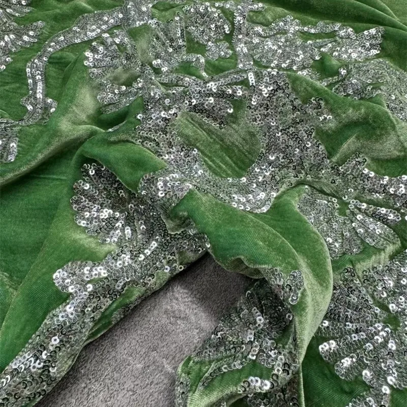 Green silver pine bead embroidery silk velvet fabric new national style autumn and winter clothing true