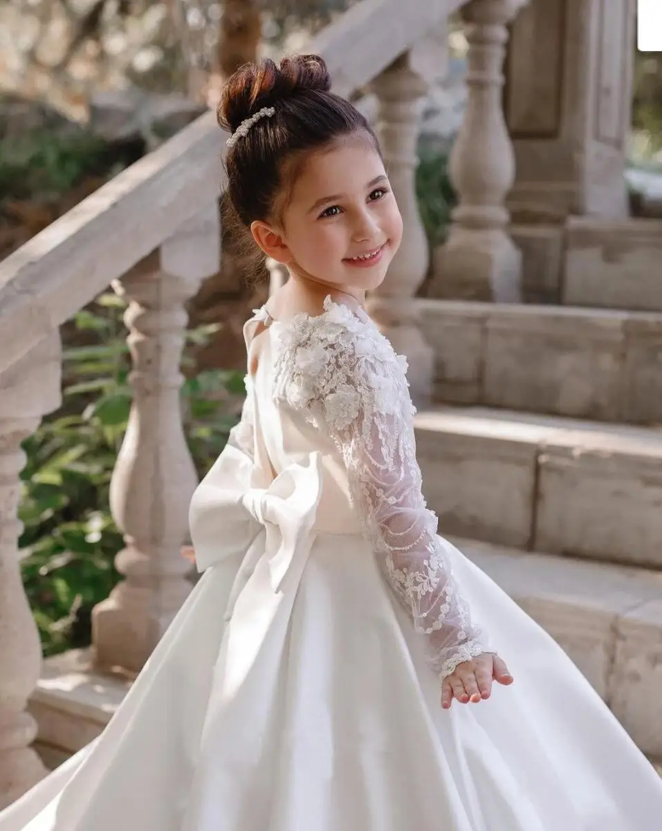 

White Soft Satin Pearls Elegant Girl First Communion Dress Concert Wedding Party Short Sleeves Junior Bridesmaid Gown