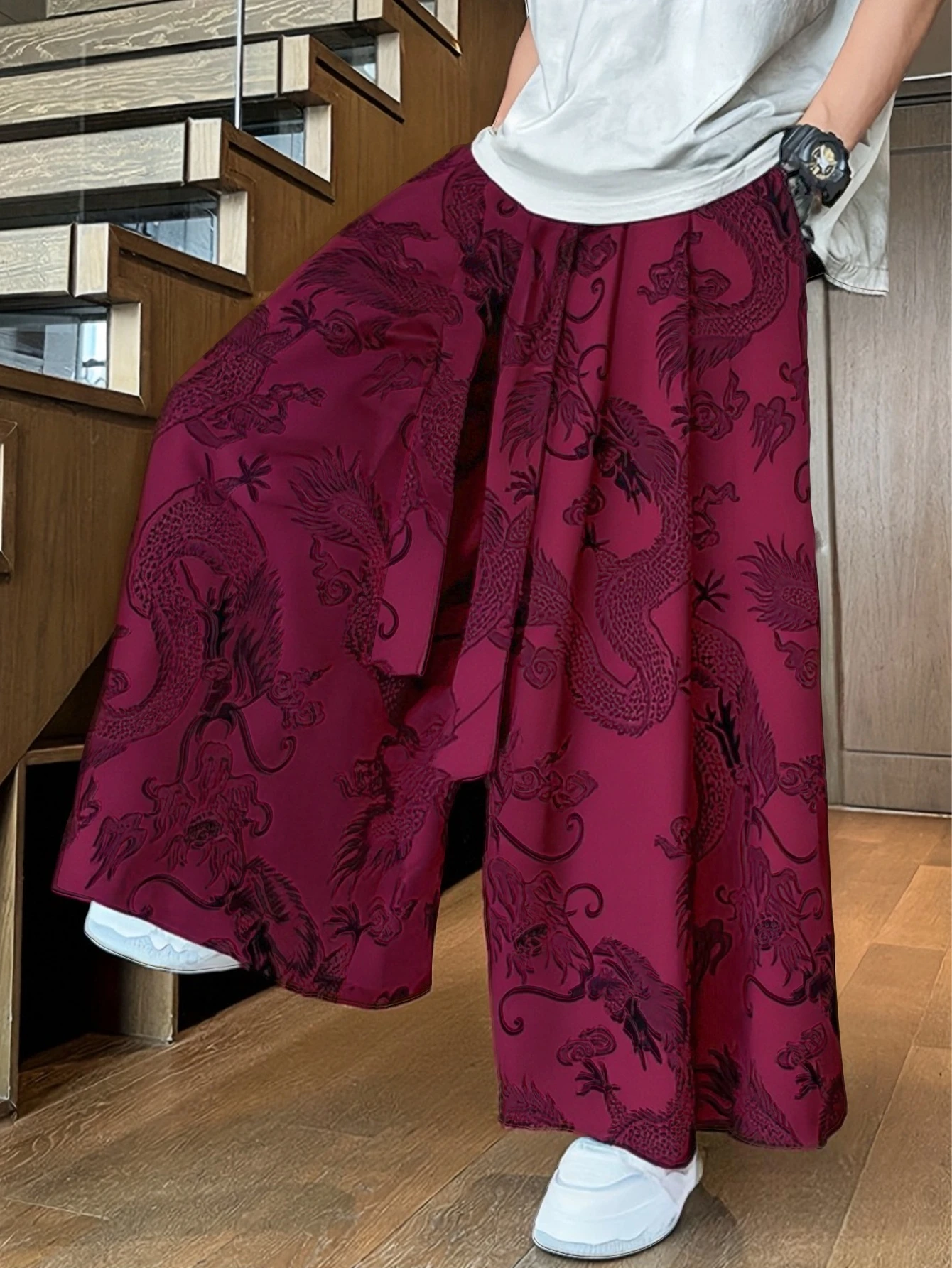 Men's Hanfu Pants Ice Silk Tkae Floral Dragon Pattern Casual Wide Leg Long Pants Loose Fit Vintage Style Polyester Fiber