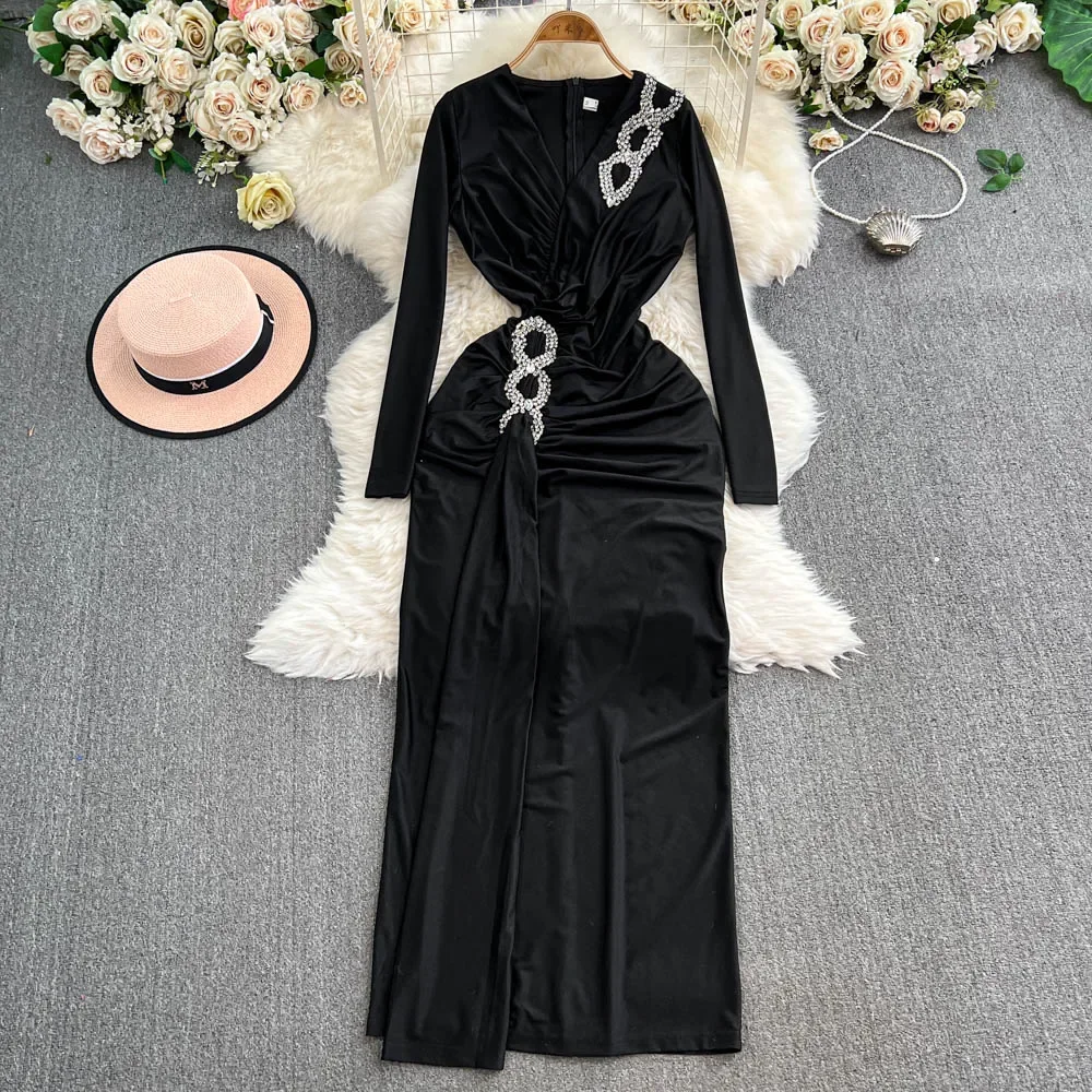 Elegant Long Sleeves Vintage V-neck Chic Rhinestone Buckle Split Pleated Slim Dresses Evening High Street Autumn Winter Clothing