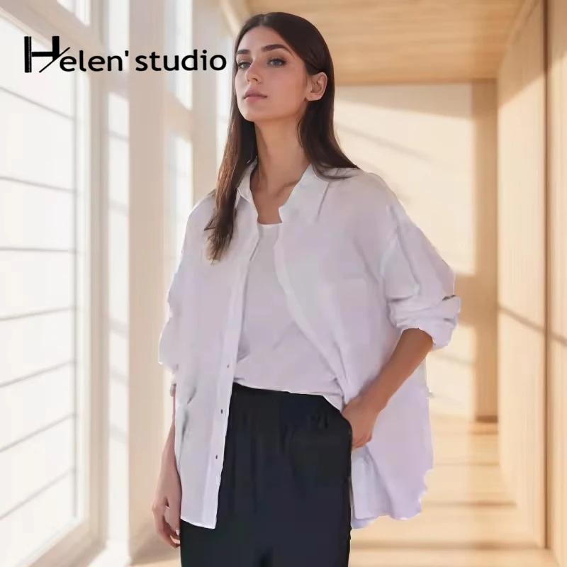 

Original Elegant Cotton Linen Women's Blouses Blue Tops Summer Long Sleeve Blouses And Shirts Quality Women's Clothing