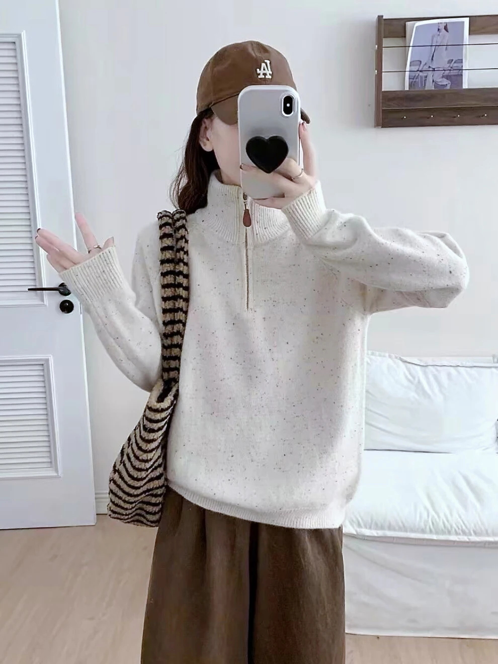 

Корейский вязаный свитер с высоким воротником, женский осенний топ, универсальный вязаный топ на молнии, кожаная идея, пряжа