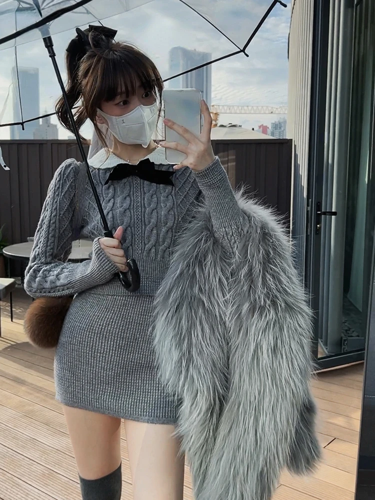 2022 Autumn Knitted 2 Piece Dress Set Women Sexy Bodycon Mini Skirt + Long Sleeve Short Sweater Female Retro Casual Korean Suit