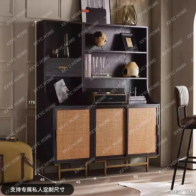 A  Modern Medieval Retro Old Solid Wood Oak Rattan Bookcase Nordic Simple Storage Display Cabinet