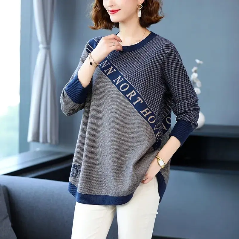 Fashion Striped Patchwork Letter Sweaters Autumn Winter Casual Loose Women\'s Clothing O-Neck Korean Long Sleeve Knitted Jumpers