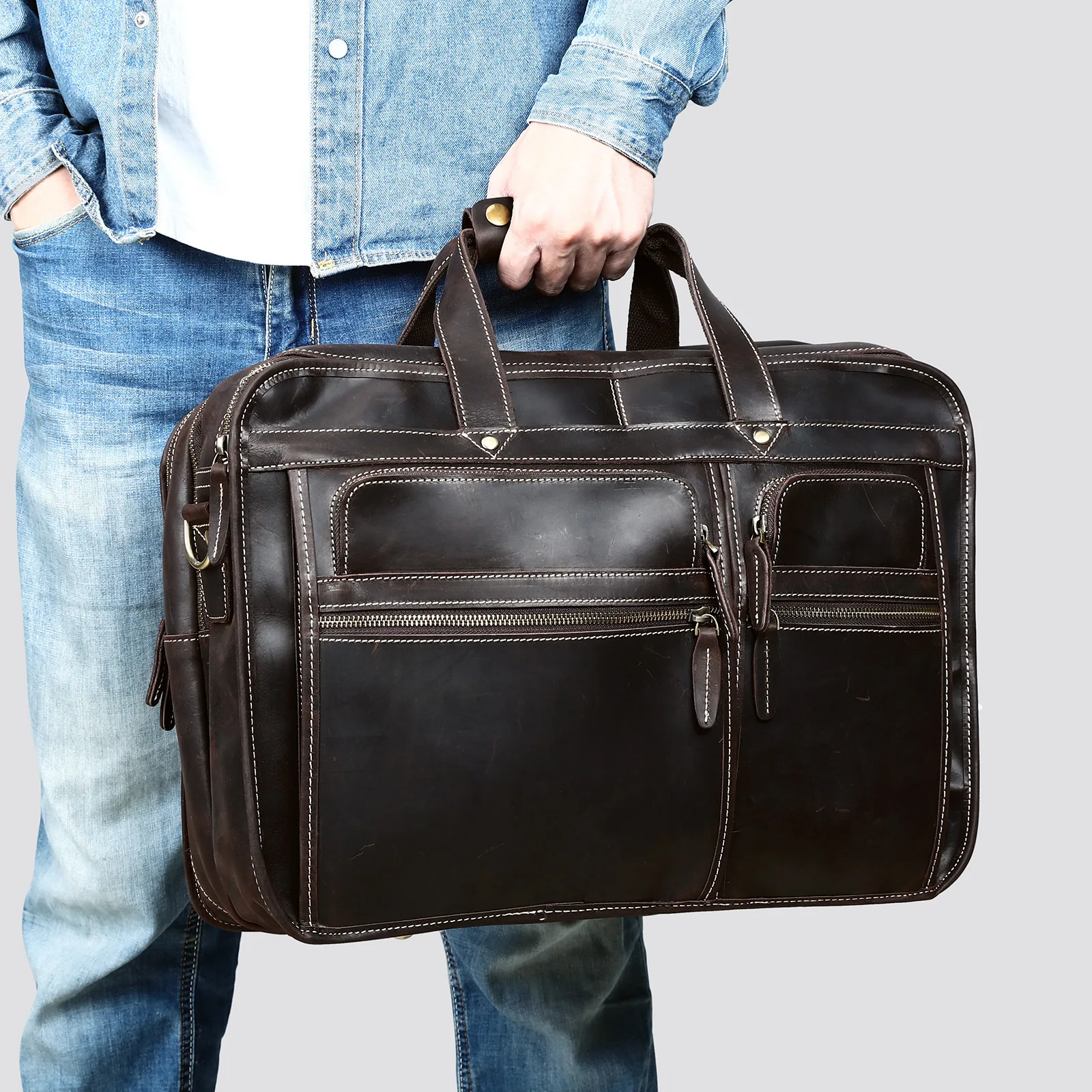 

Crazy Horse Leather Men's Briefcase Vintage Business Handbag Top Layer Cowhide Laptop Bag