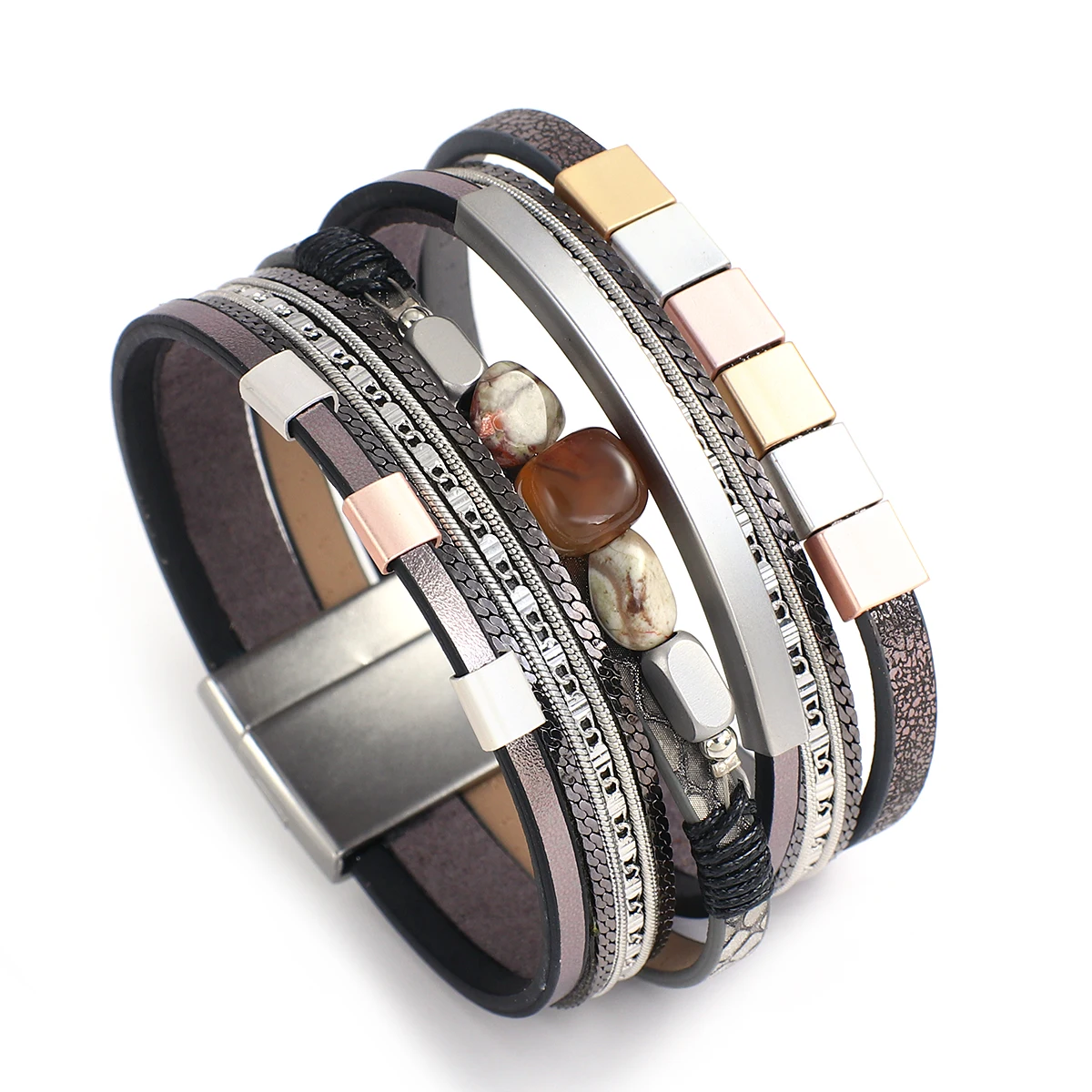 

Amorcome Bohemian Fashion Natural Stones Charm Bracelets Metal Tubes Multi-layered Wrap Leather Bracelet for Women Femme Jewelry