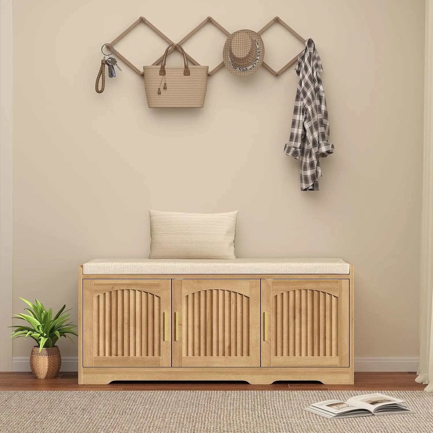 39.4" Shoe Storage Bench with Seating Cushion, Fluted 2-Tier Entryway Bench with 3 Doors & Adjustable Shelves, Shoe Cabinet Benc