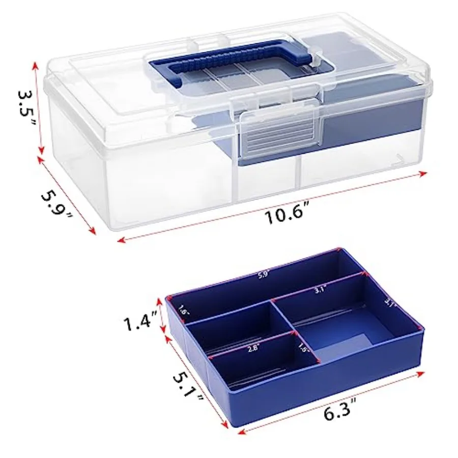 Plastic Carry Storage Box with Removable Dividers, Clear Art Craft Supply Storage Bin Sewing Box with Handle Lid, 2 Layers Stat