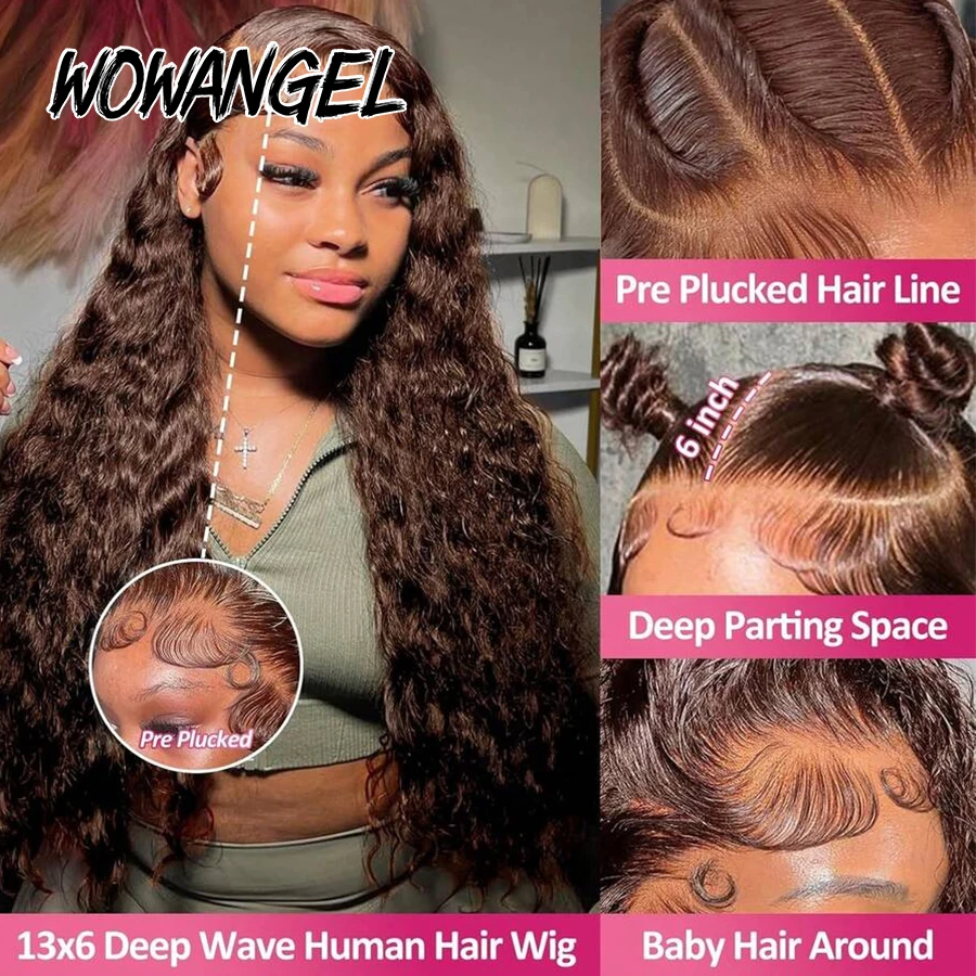 Schokoladenbraune Wasserwellen-Echthaarperücke 13x6 HD Lace Front Perücken Vorgezupfte Kleberlose Perücke Unsichtbare HD Lace Full Frontal Perücken – Detail 4