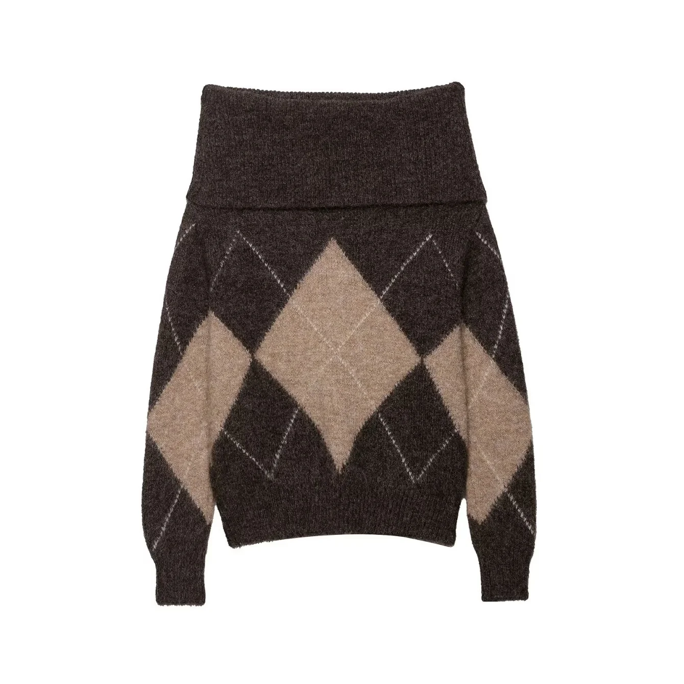 الخريف المرأة محبوك سترة قبالة الكتف موضة Argyle المرأة البلوزات مزاجه مائل الرقبة محبوك البلوفرات الملابس #2