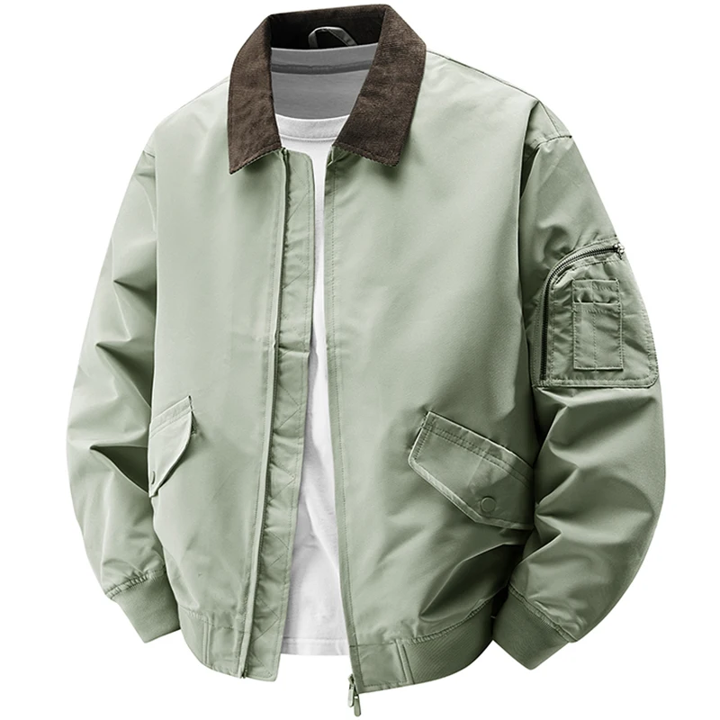 

Men's 2024 Spring Waterproof Bomber Jacket Vintage Motorcycle Coat Preppy Style Olive Green Casual Outdoor Windbreaker Clothing