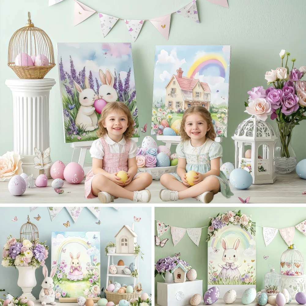 Easter Party Indoor Photography Backdrops Bunny Drawing Board Eggs Flower Kids Family Portrait Backgrounds Photo Studio Props