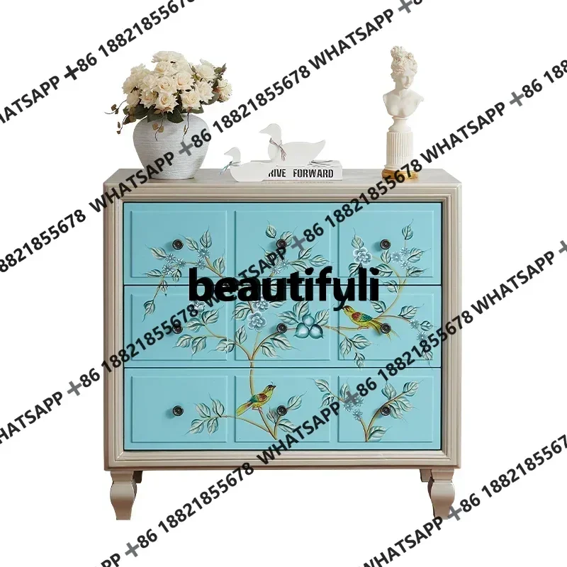 x1zMedieval style painted chest cabinet solid wood porch cabinet bedroom diner foyer three drawers storage side cabinet end of b
