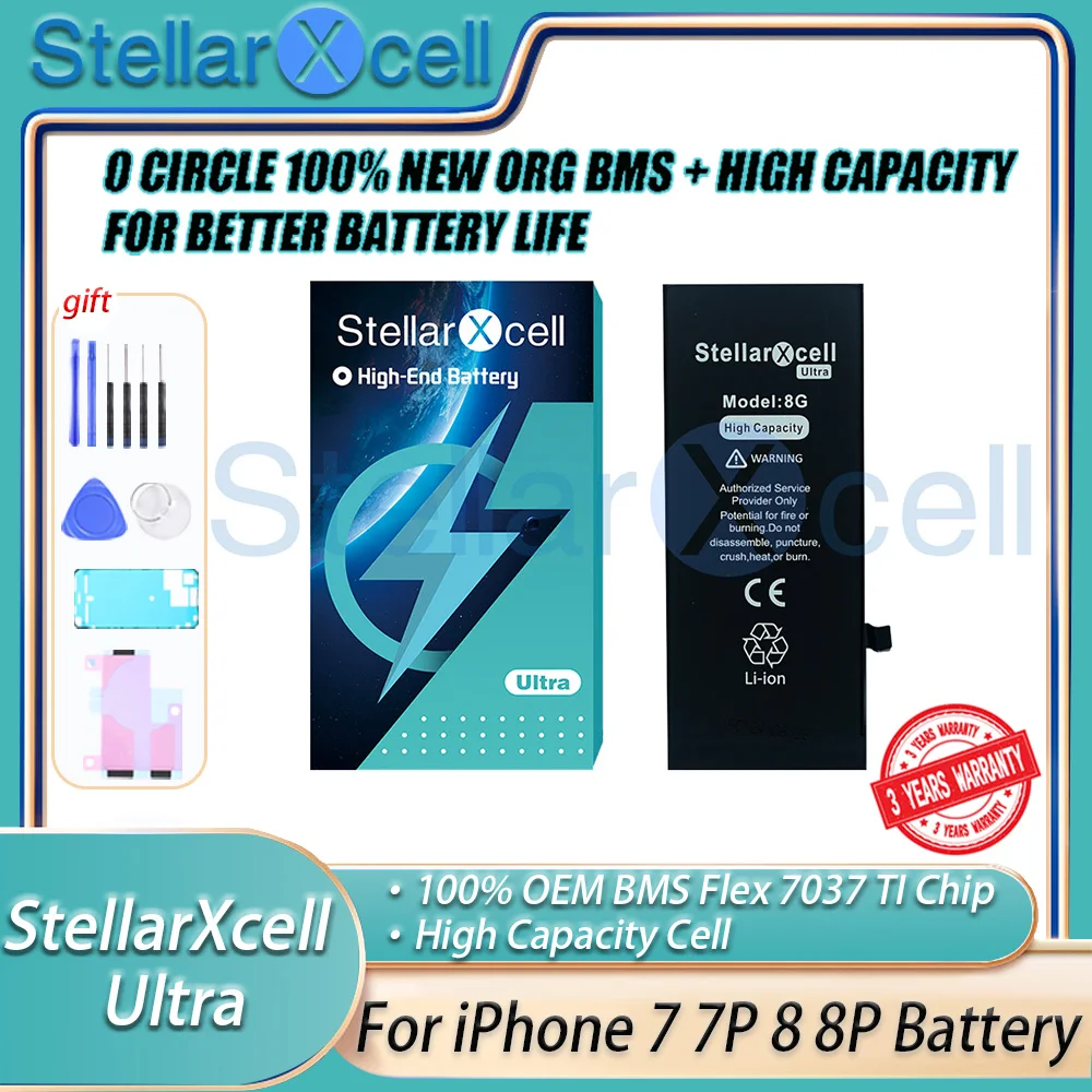 

StellarXcell Ultra OEM BMS flex 7037 TI Chip High capacity Battery for iPhone 7 7Plus 8 8plus Replacement Battery+Free Tools