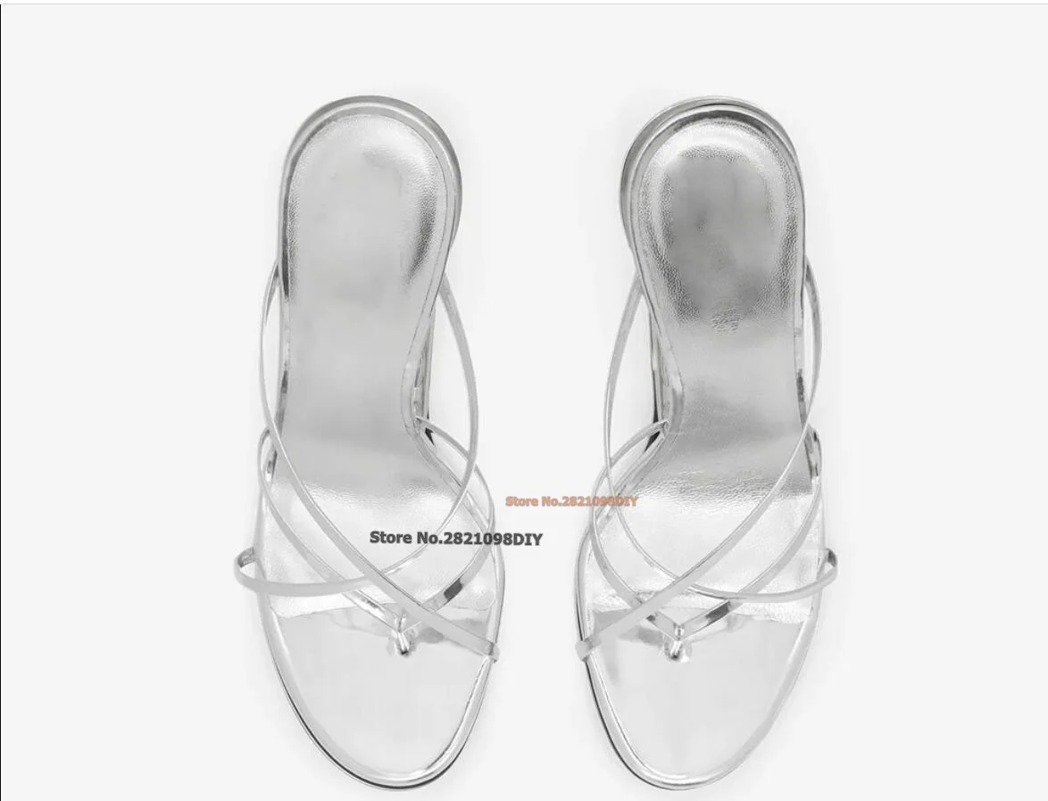 Silver Black Thongs Sandals High Heel Shoes Women 3D Mouth Slip On Heeled Party Shoes Criss-Crossed Flip-Flop Sling