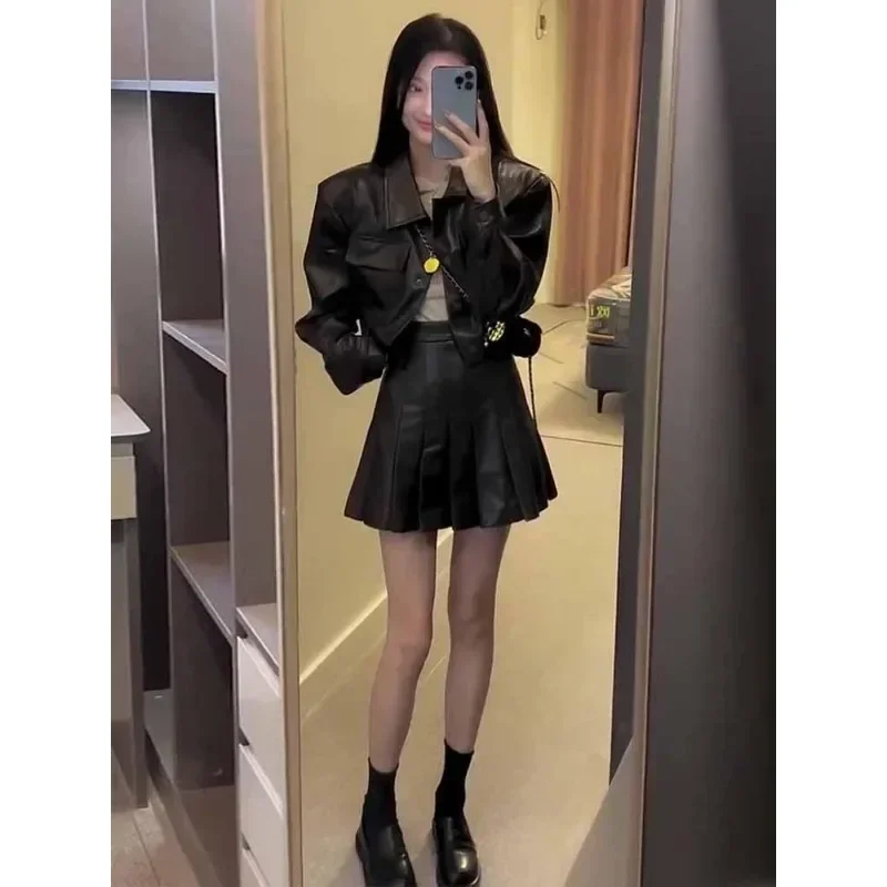 

Korean Fashion Leather Jacket Set Age-reducing Lapel Solid Long Sleeve Coat A-line Pleated Mini Skirt High Street Two-piece Sets