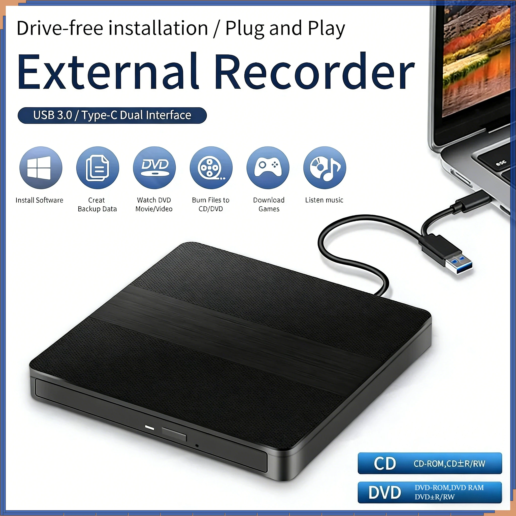 

Внешний оптический привод USB 3.0 Type-C Slim 2-в-1 для чтения и записи CD/DVD, портативный, для ПК и ноутбуков