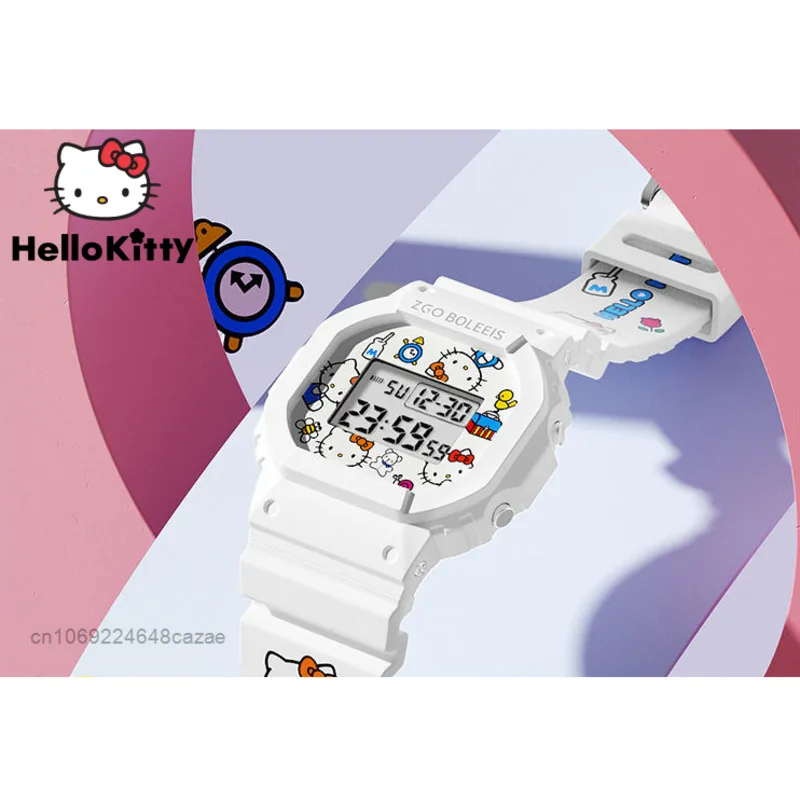 

Sanrio, Hello Kitty милые светящиеся электронные часы для девочек Kawaii Chic пара квадратных водонепроницаемых спортивных студенческих часов Y2K Мода