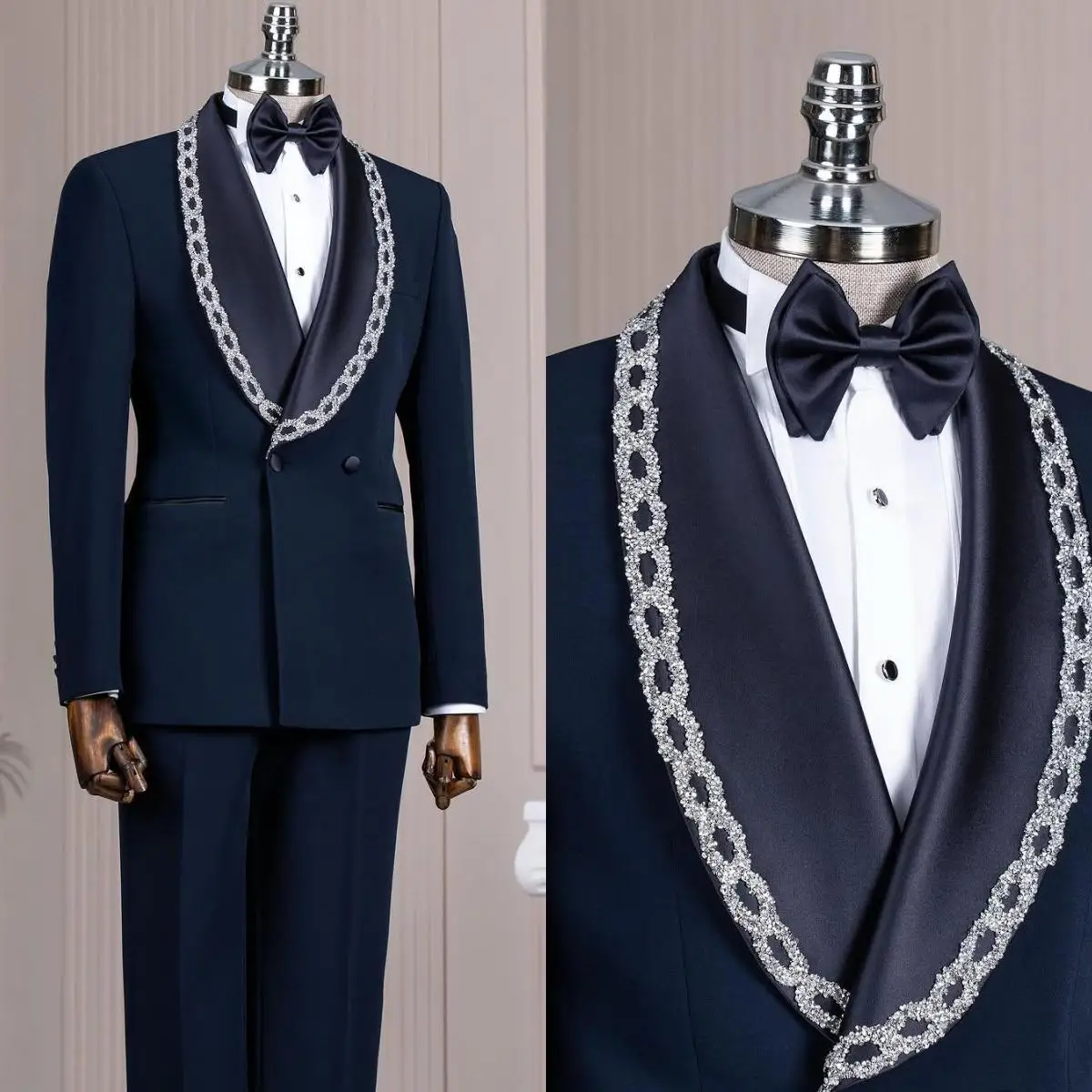 

Luxury Men Suits 2 Pieces Crystals Prom Blazer Slim Fit Double Breasted Groom Wedding Tuxedos Formal Banquet Business Customized