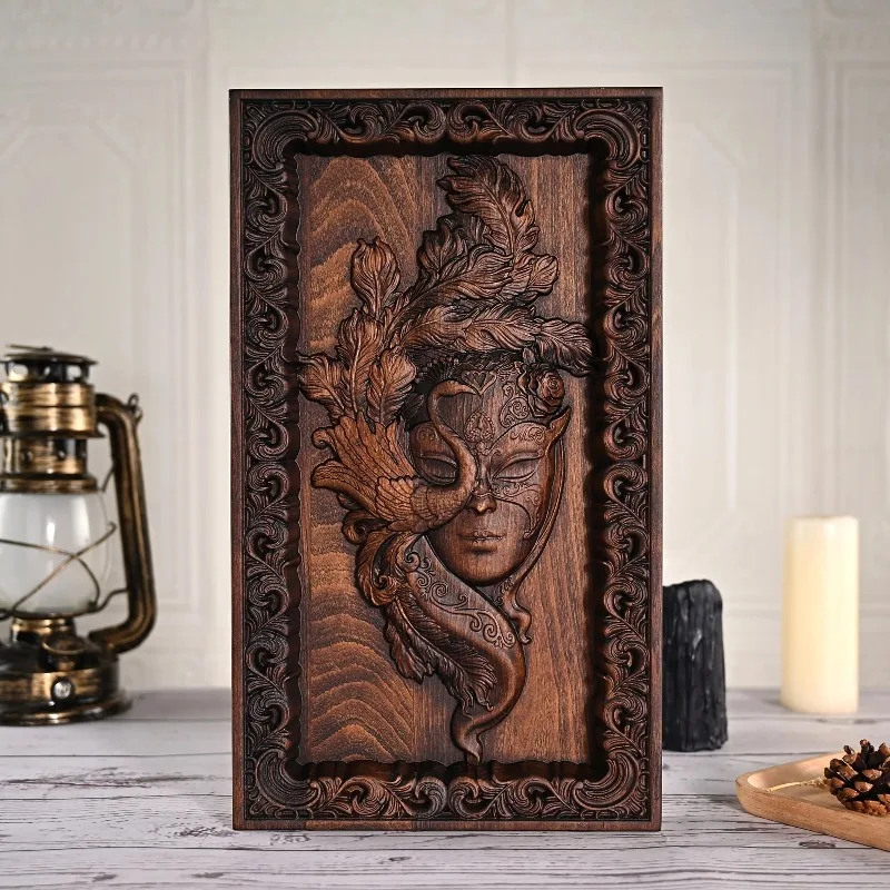 

Vintage Peacock Mask Solid Wood Carving Crafts European Home Living Decoration