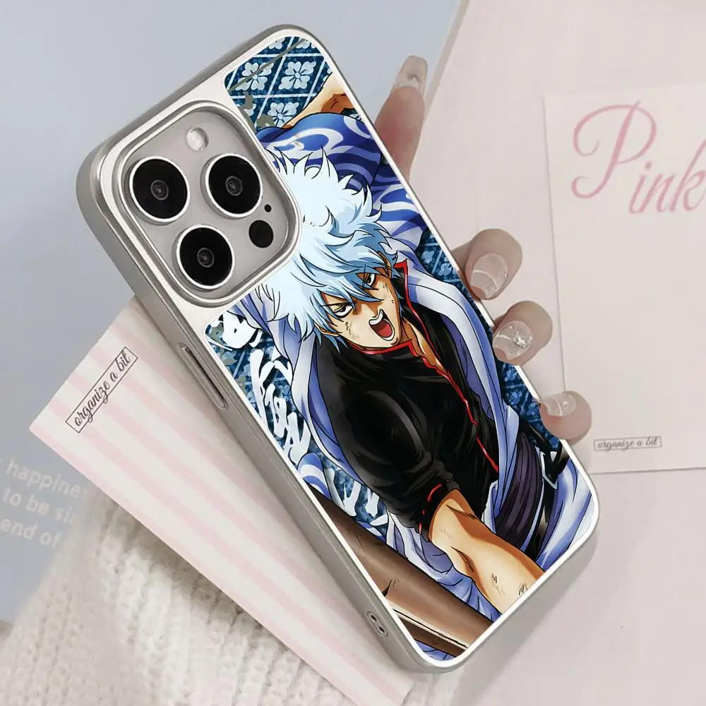 

Gintama Sakata Gintoki Phone Case for iPhone 17 16 15 14 13 12 11 Air Pro Max Plus Electroplated Silver Cover