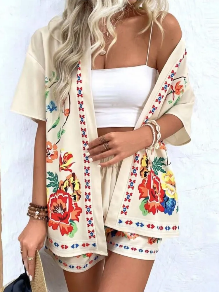 

Summer Fashion Casual Printed Cardigan Short-sleeved Top Shorts Two-piece Set Women's Neutral Style Loose Comfortable Shorts Set