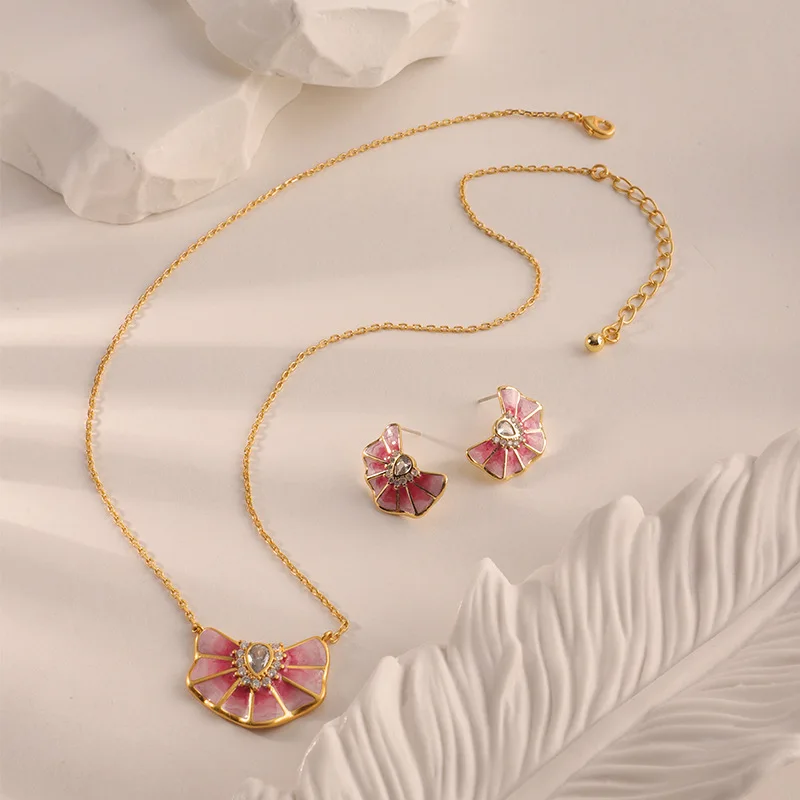 

2026 New Arrival Bohemia Style Spring Summer Fashion Colorful Enamel Fan-shaped Pendant Necklace Geometric Shell Earrings Sets
