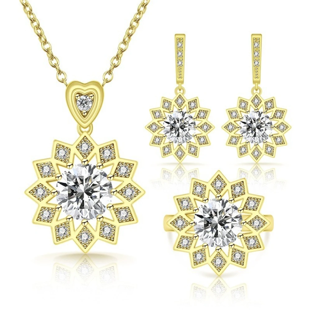 Exquisite 925 sterling silver flower gold jewelry set - ring, earrings, necklace. Women's accessory. 6