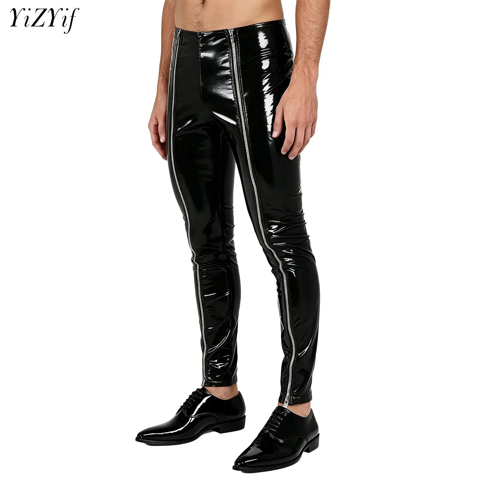 Pantalones de cuero brillante para hombre, de cintura alta, con cremalleras frontales, efecto "wet look", leggings, pantalones ajustados, para fiestas rave, discotecas y moda urbana.