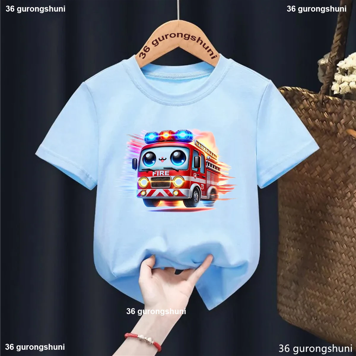 Harajuku Kawaii  Kids Clothes Watercolor Fire Truck Printed T Shirt Girls/Boys Summer Short Sleeve Tshirt Solid T-Shirt Tops