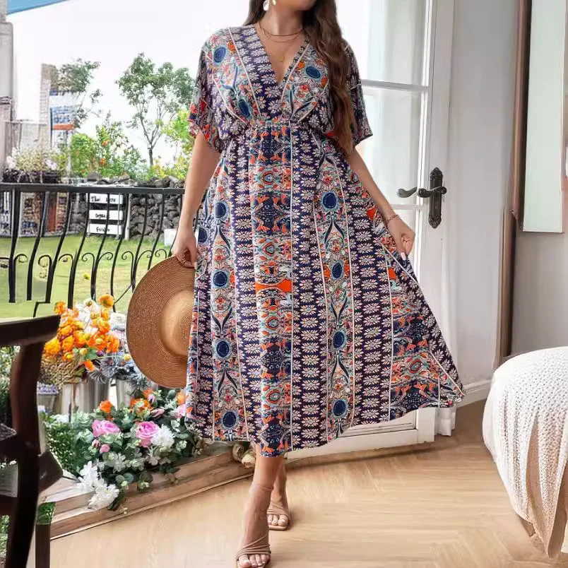 

Plus Size Bohemian Floral Print Midi Dress V Neck Short Sleeve Oversized Dress for Women Summer Beach Wear