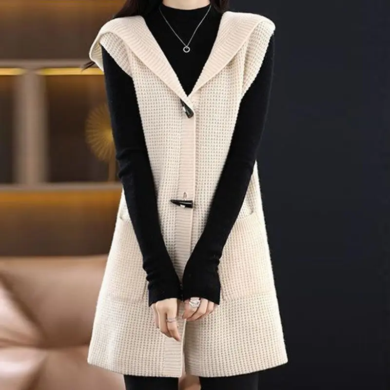 

Maillard Medium Long Vest Women Outerwear Spring Autumn New Internet Famous Camisole Hooded Cow Horn Buckle Solid Color Top