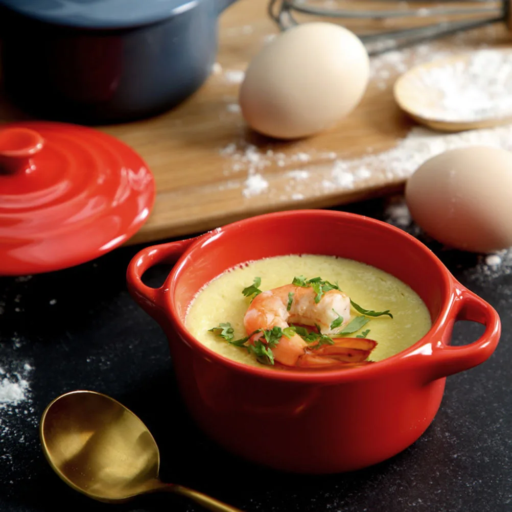 

1Pcs 230Ml Red Stew Bowl Ceramic Microwave Safe with Double Handles for Home Kitchen Cooking Double Handle Bowl