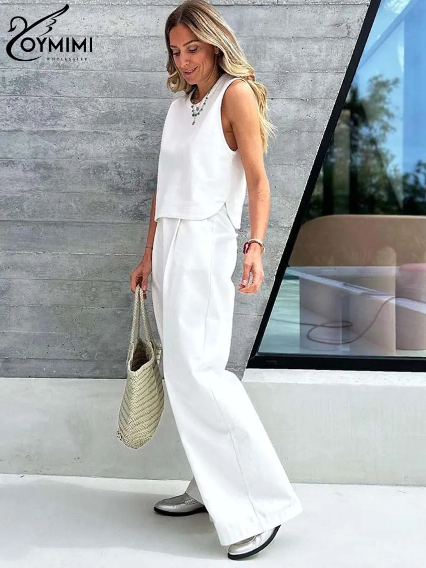 Oymimi Fashion White Simple Two Piece Set For Women Elegant O-Neck Sleeveless Blouses And High Waist Pockets Straight Pants Sets